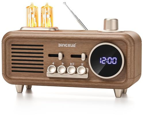 Radio Reloj FM Vintage con Altavoz Bluetooth, Radios Retro Portátiles con 2 Luces Cálidas, Bluetooth 5.4, Enchufe de Transistor en la Pared para Casa, Cocina (Grano de Madera)