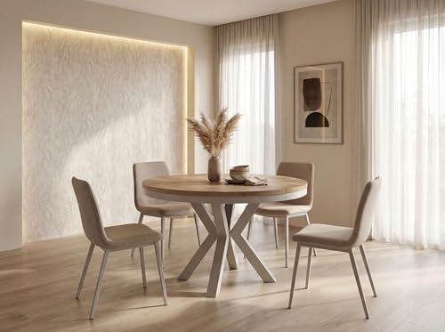 WFL GROUP Runder Ausziehbarer Esstisch im Loft-Stil - Industrieller Tisch mit Grau-Beige Kaschmir Metallbeinen - Platzsparender Tisch für Wohnzimmer - Lancelot Eiche - 100 bis 180 cm
