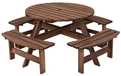 GYMAX Runder Picknicktisch für 8 Personen, Gartentisch aus Massivholz, Sitzgruppe mit Schirmloch & 4 Bänken, Gartenmöbel, Outdoor Essgruppe für Terrasse, Innenhof & Garten