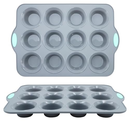 To encounter 2Pack Silicone Muffin Pan with Metal Frame, 12 Cup Regular Size Cupcake Pan, Non-Stick Baking Tray, Food Grade Baking Molds for Oven, Dishwasher Safe