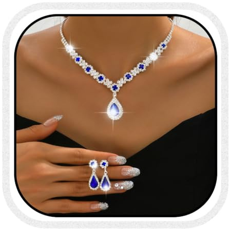 Zoestar Bridal Jewelry Set Rhinestone Necklace Earrings Sets Sparkly Crystal Prom Costume Jewelry Set for Women (Blue)