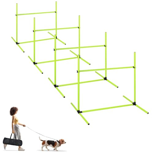 UISEBRT Hunde Agility Set, 4er Slalom Stangen Hürdenset für Haustiere, PVC Hundetrainings-Set mit Tragetasche, Höheinstellbar 104x70x101cm, Grün