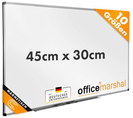 OfficeMarshal Magnetisches Whiteboard 45x30cm mit Alurahmen und abnehmbare Stiftablage für Büro, Heim und Schule, Magnettafel kratzfest und trocken abwischbar | Magnetboard