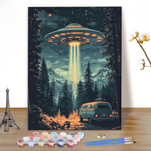 MEIYUDA Pintar por Numeros Adultos Autobús en Forest, OVNI Cuadros por Numeros Pigmento Acrílico, DIY Pintura por Numeros Kit Manualidades, Decoración para el Hogar Regalo de pared 40x50cm(sin marco)