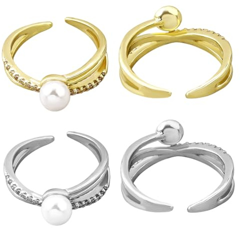 HOBBIESAY 4 Stück Perlenring Stapelbarer Offener Ring Verstellbare Öffnungsringe Für Damen Metall Stapelringe Mit 6mm Kunstperle Hellgold Und Platin Schmuck Für Partys 0.24(6) cm Perlen