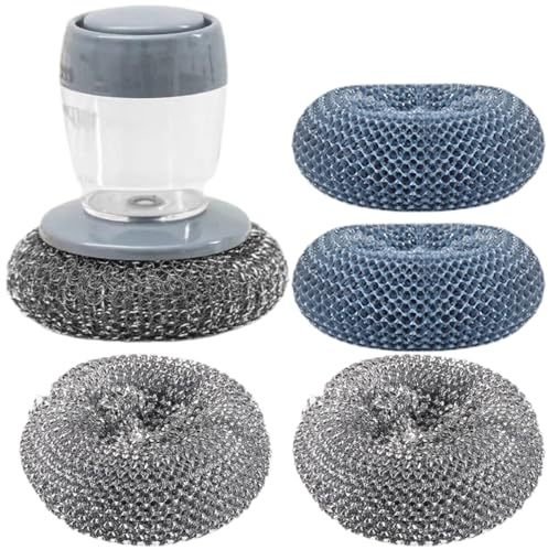 Liquid Dispensing Pot Wash Brush Automatic Press Scrubber Set | Plastic and Pet Build, Stainless Steel Detail, Foaming Action on Press, Multi-purpose for Utensils