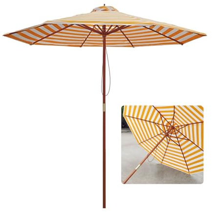 Generisch Garten Sonnenschirm, 270 cm Gelb Gestreifter Terrassenschirm Outdoor mit 8 Rippen, Holz Balkonschirm für Strand, Pool, UV-Sonnenschutz