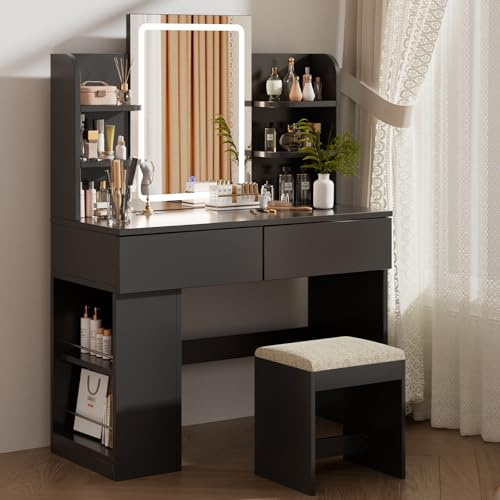 Airfish Dressing Table with LED Light,Vanity Desk with Mirror and Concealed LED Light Strip, MakeUp Desk with Two Drawers and One Sideboard,Modern (Black + Black, 90 x 40 cm)