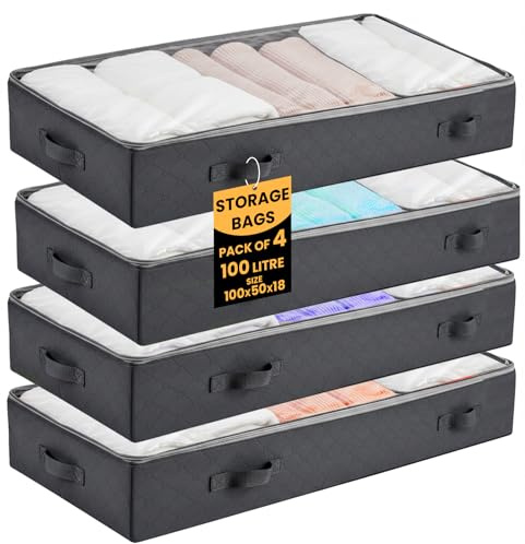 LKH Under Bed Storage Organisers with Zipper 100L – Pack of 4 Clothes Storage Box and Handles – Non-Woven Clothes Storage Bags for Bedding, Blankets & Underbed Oragnizer – Dust-Resistant & Breathable
