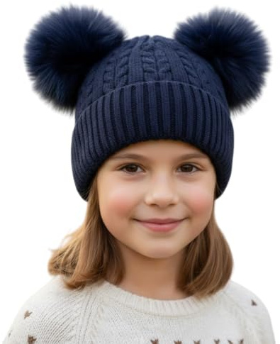 Party HuB barn flickor dubbel pom pom hatt varm tjock stickad mössa med fleecefoder, söta fluffiga pompoms, mjuk vinter ullmössa, Marinblått Xsp, one size