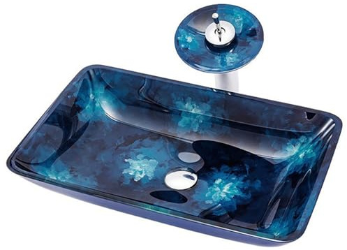 ZYCDP Aufsatzwaschbecken Rechteckig Glaswaschbecken Bad mit Armatur 570 X 375 X 110 mm Blau
