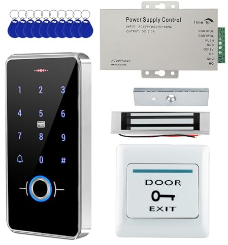 ReaIOKbii IP68 Waterproof Outdoor Fully Fingerprint Door Access Control System Kit – RFID Keypad Entry with 180KG Magnetic Lock, 13.56MHz, DC12V Power Supply, Exit Button & 10 Key Fobs