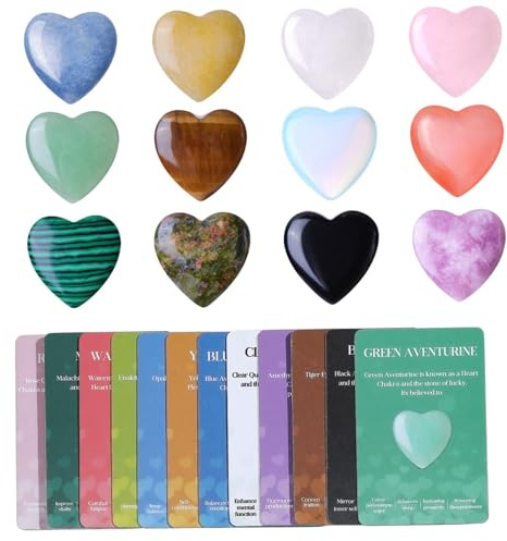 Cristales de corazón, rocas en forma de corazón, juego de piedras preciosas naturales con 12 corazones de cristal y 12 tarjetas, piedras de bolsillo para colección, decoración, regalo atento