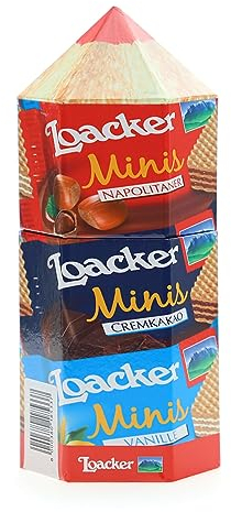 Loacker – Matita XL - Confezione Regalo a Forma di Matita Colorata – Confezione con 10 Wafer Minis con Creme in Diversi Gusti, Vaniglia, Cioccolato e Nocciole – Riutilizzabile - Confezione da 100gr