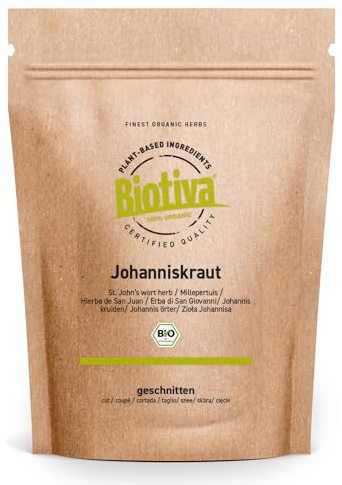 Biotiva Johannesörtste ekologiskt 250g - Äkta Johannesört, snitt - Hypericum - buteljerad och kontrollerad i Tyskland (DE-ÖKO-005)