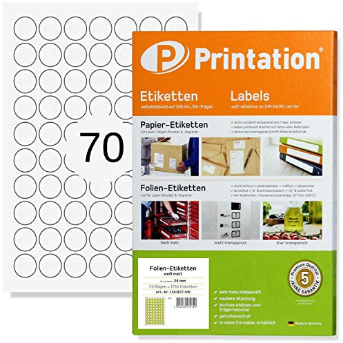 Printation Folien-Etiketten rund 24mm weiß matt - 1750 Klebepunkte selbstklebend wasserfest bedruckbar - 25 DIN A4 Bogen / 70 Aufkleber rund weiß 24 mm pro Blatt - Sticker/Markierungspunkte wetterfest