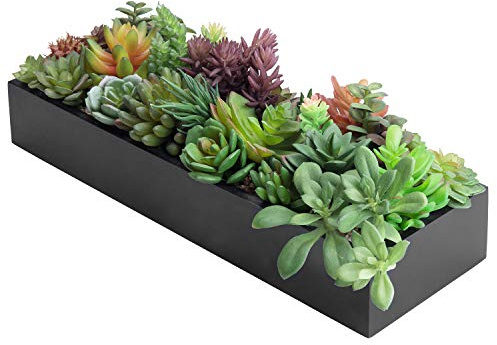 MyGift Artificial Succulent Centerpiece,15.75 Inch Faux Succulents Arrangement Plants in Sleek Black Wooden Rectangular Planter Box