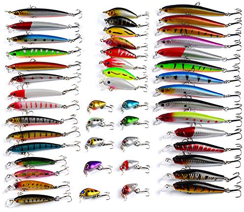 CHAWHO Kit de señuelos de Pesca - 48 Pcs Kits de señuelos, Cebos Artificiales de Pesca,Juego de señuelos de Pesca Cebo con Gancho Accesorios #058