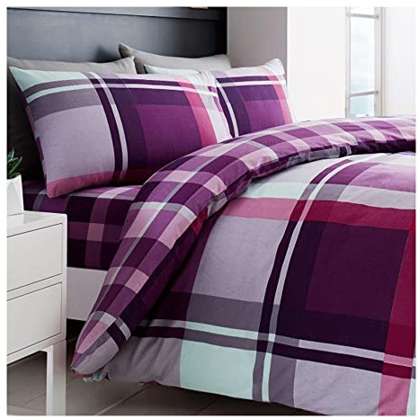 Lions Check Bedding Set - King Size Bed Duvet Cover with Matching Pillowcase, Ultra Soft Reversible Poly Cotton Quilt Covers, Button Closure, 230x220cm, Waverly Purple