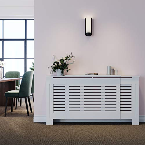 ELEGANT Radiator Cover Horizontal Slat, 140~200W Adjustable Size | Extending Radiator Cabinet White Painted Modern MDF Cabinet for Living Room Bedroom Hallway