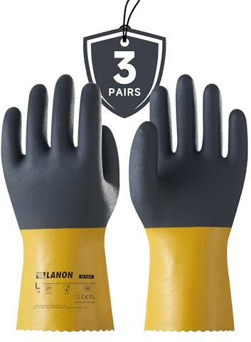 LANON 3 Pairs PVC Chemical Resistant Gloves, Reusable Heavy-Duty Work Gloves, Acid, Alkali and Oil Protection, EN 374/388, Non-Slip, Large