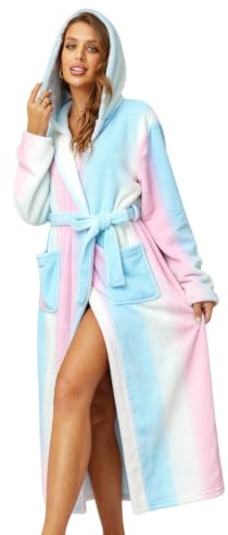 RONGTAI Dam morgonrock plysch fleece huva badrock tjock nattlinne med fickor fluffiga nattkläder, Regnbåge, XXL