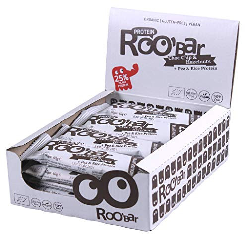 Roobar Gocce Di Cioccolato Proteico & Nocciola-100% organico, vegano, barretta proteica, senza latticini e senza glutine 16 barrette proteiche da 40 g in una scatola