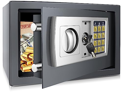 Elektronischer Safe 31x20x20cm LED Doppelbolzenverriegelung Tresor Elektronik Zahlenschloss Tragbar Möbeltresor Tresor Feuerfest Wasserdicht Wandtresor Grau