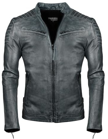 PAULGOS Herren Lederjacke Echtes Leder Jacke Echtleder Übergangsjacke Fashion in 5 Farben Gr. S-7XL Design 2 (DE/NL/SE/PL, Alphanumerisch, S, Regular, Regular, Grau)