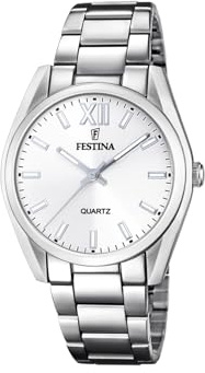 Festina Damenuhr Analog aus Edelstahl 316l Silberfarben | Quarzwerk, Widerstandsfähiges Mineralglas, Wasserdicht 5 ATM F20622/1, Boyfriend Collection