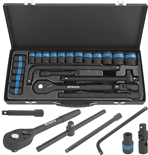 TECPO 1/2 Zoll Kraft-Steckschlüssel-Satz – Vielseitiges Ratschenkasten Nuss-Set 10-32 mm, ideal für Hand- und Schlagschrauberbetrieb, mit Umschaltknarre und umfangreichem Zubehör