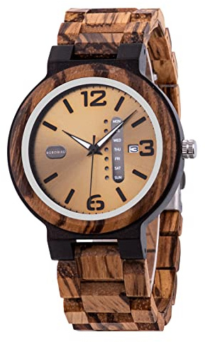 BOBO BIRD Week and Date Multi-Functional Display Men's Zebra Wooden Quartz Watch Lightweight Handmade Casual Wristwatches with Gift Box (Yellow Dial)