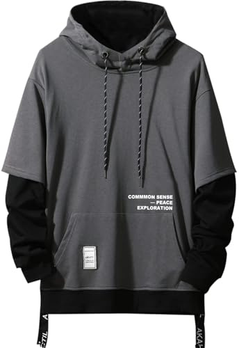 Moshtashio Sudadera con Capucha para Hombre Contraste Color Pullover Patchwork Manga Larga Hoodie Casual(Gris,XL)