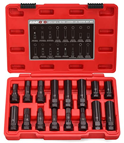 RIMKOLO 16-teiliges Schlüssel-Set, SAE und metrisches Radschloss-Entfernungsset zum Entfernen von Sicherungsmuttern auf Aftermarket-Rädern