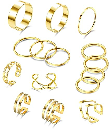 Adramata 15 Stück Knöchel Ringe Set für Damen Edelstahl Ring Stapelbare Silber/Gold Ringe für Frauen Trendy Stapelringe Set Einfache Plain Band Ringe,G