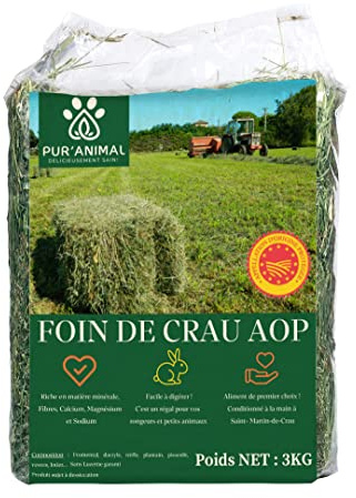 PUR'ANIMAL - Heno de Crau AOP 3KG para Conejos, Pequeños Roedores y Pienso Chinchilla, Heno Conejo, Comida para Conejos, Conejón...