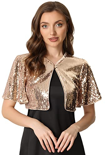 Allegra K Damen Bolero Pailletten Glitzer Shrug Party Crop Jacke Rosegold XL