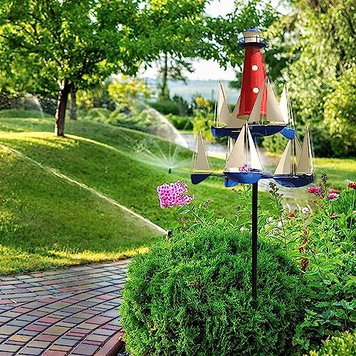 ZZYYZZ Segelboot- und Leuchtturm-Windräder, Windrad-Windspiel, nautische Küsten-Außendekoration, kinetische Kunst-Windmühlen, für Hof, Garten, Terrasse, Bauernhof