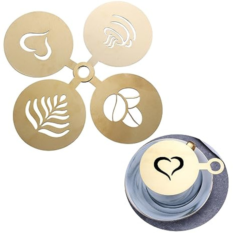 Hoshisea 4 Stück Kaffeeschablone Edelstahl, Phantasie Kaffee Druck Modell, Cappuccino-Schablonen, für Cappuccino-Kaffee-Stempel, Kuchen- und Biskuitaufstriche