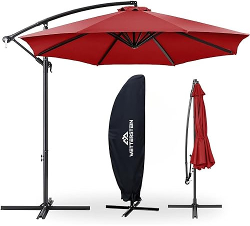 Wetterstein® Sonnenschirm Rot Ø 300 cm mit Kurbel | Ampelschirm mit Ständer | Gartenschirm UV-Schutz Aluminium | Kurbelschirm Marktschirm wasserdicht