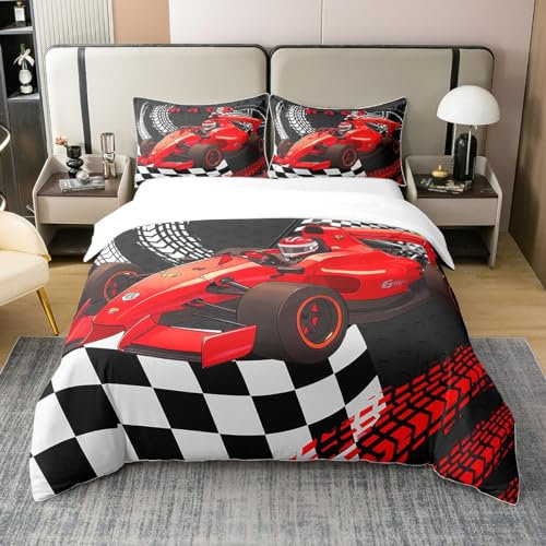 Go Kart 100% Baumwolle Bettbezug 135x200 für Kinder Kind Kleinkind,Sport Auto Bettwäsche Set für Jungen,Moderne Drift Kart Tröster Abdeckung,Rot Schwarz Extreme Sport Auto Bett Sets mit 1 Kissenbezug