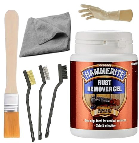 Ultimate Rust Removal and Treatment Kit - Hammerite Rust Remover Gel 100ml Bundled With - 3 Wire Brushes, Paintbrush, Disposable Gloves, Microfiber Cloth - Perfect for Cars, Bikes, and More