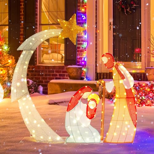 COSTWAY Set di Natività Natalizia da 151 cm, Scena di Natività Illuminata con 140 Luci LED Bianco Caldo, Decorazione Natalizia Impermeabile della Santa Famiglia con Fascette e Picchetti (Modello 3)