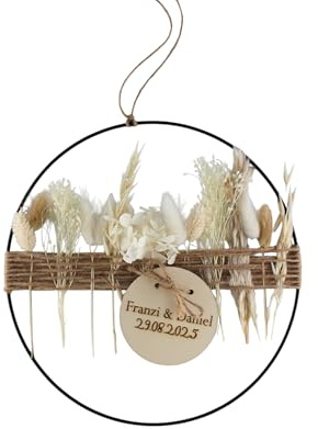 Trockenblumenkranz personalisiert Türkranz mit Name Metallring mit Trockenblumen (Weiß)