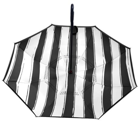 Großer Regenschirm, umgekehrter Regenschirm, winddicht, doppellagig, umgekehrt, faltbarer Regenschirm für Auto, Regen, Outdoor, C-förmiger Griff, niedlich, geometrisch, schwarz-weiß gestreift, #02,