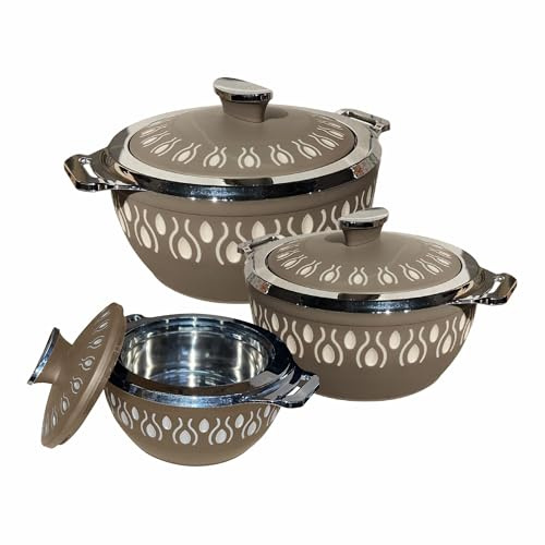 (Set of 3) Casseroles Serving Dishes with Lid & Handle – Airtight Insulated Stainless Steel Inside, BPA-Free, Food Grade Kitchen Hot Pot Food Containers - Earth Beige (1000, 1500, & 2000ml)