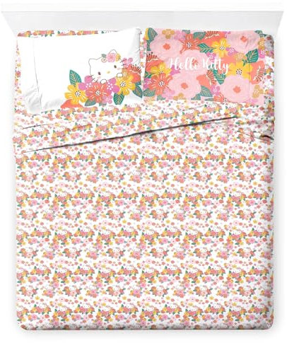 Jay Franco Juego de sábanas con sábana bajera, encimera y funda de almohada, ropa de cama ultrasuave con funda de almohada para decoración de habitación, multicolor, Hello Kitty, 4 piezas, tamaño