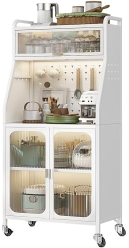 ONKBOITE Mobile Dispensa Cucina, Credenza Cucina Alta, 66 x 36 x 164cm, con Rotelle con Gancio, Foro Per Cavi, Porta Magnetica 5 Piani Mobile Microonde, Adatto Alle Cucine, Bianco