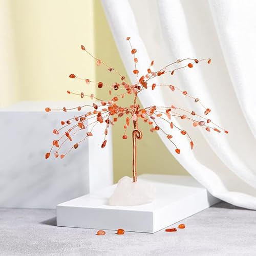 Namzi 1 adorno de árbol de la vida de hoja de piedra triturada natural roja, base de piedra cruda natural blanca, decoración de escritorio para el hogar