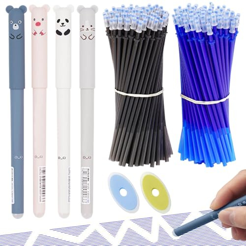 JEYORZY 4 Pcs Stylo Gel Effaçable Motif Animal Dessin Animé 0.5mm avec 2 Gommes pour Enfants Etudiants Adultes, Fourniture Scolaire